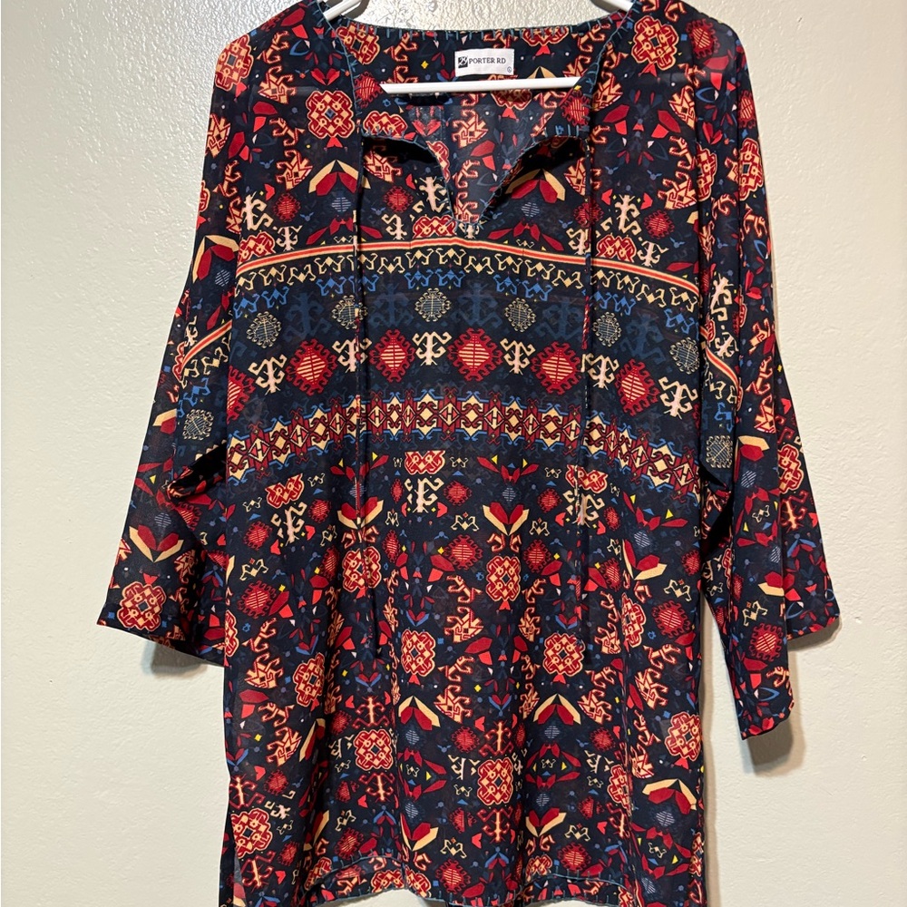 29 Porter Road Multicolor Patterned V-Neck Women's Tunic Top Sheer‎ Size L